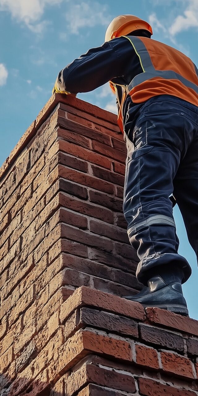 Worker repairs chimney on roof, ensuring safety and durability.